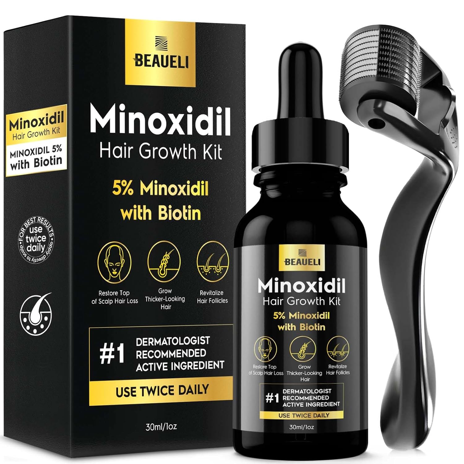 Minoxidil hair growth kit with bottle, box, and razor on a white background