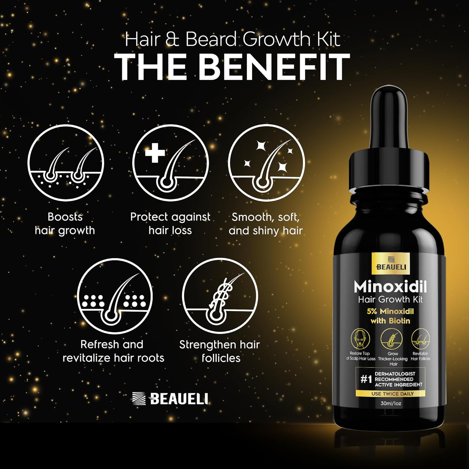 Beaueli 5% Topical Minoxidil Serum Kit - 30ml + Roller