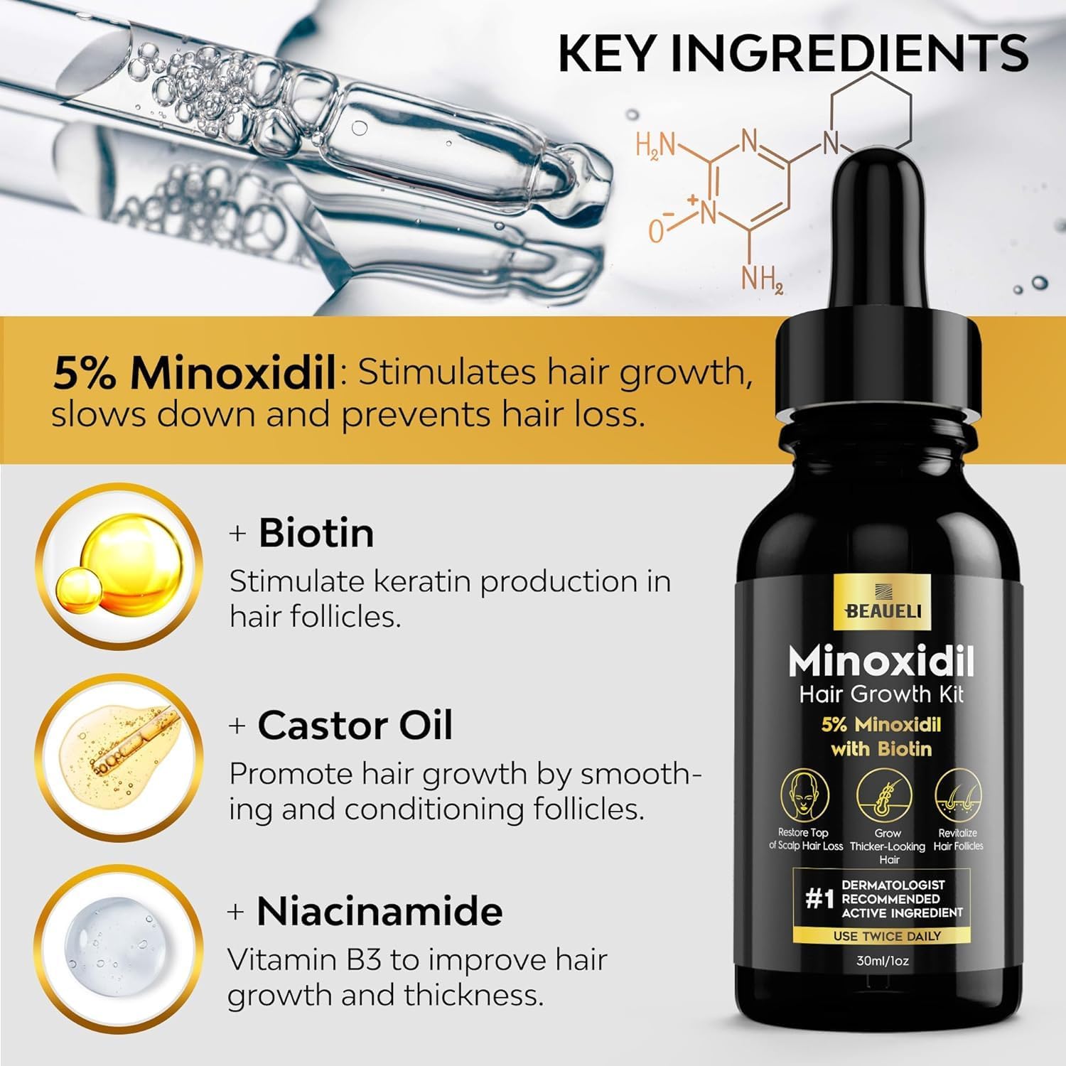 Beaueli 5% Topical Minoxidil Serum Kit - 30ml + Roller