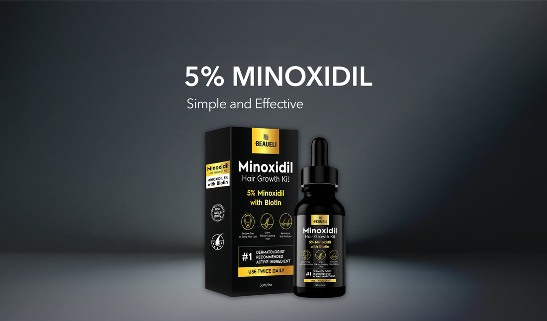 Beaueli 5% Minoxidil serum for men, simple and effective hair regrowth treatment shown on mobile.