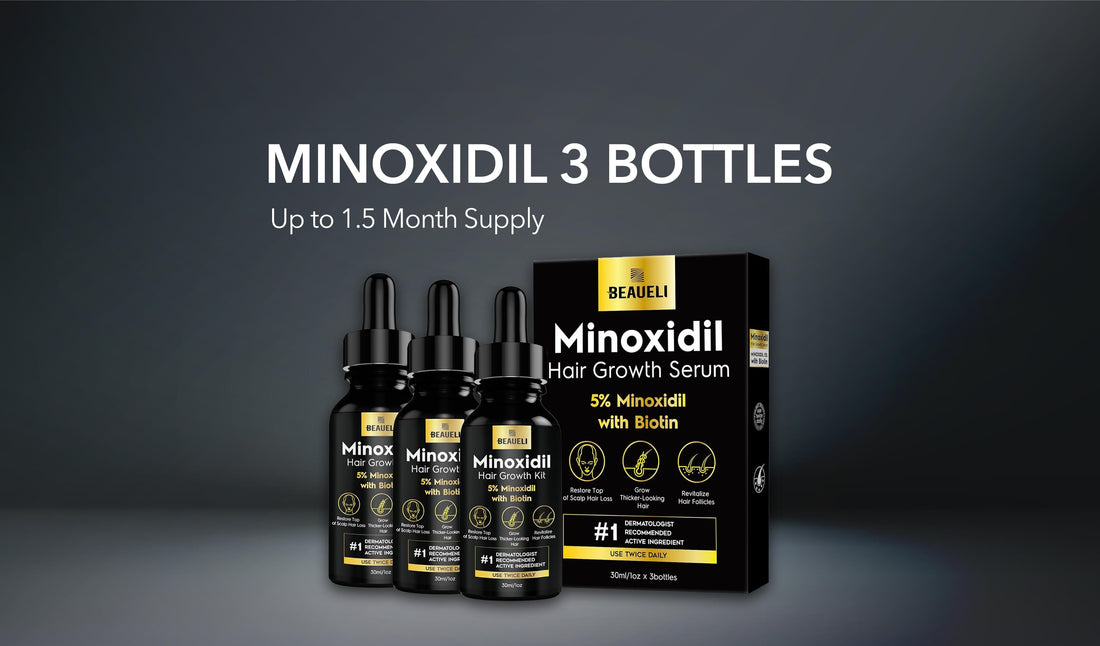 Value pack of 3 Beaueli Minoxidil bottles, providing up to a 1.5 month supply for consistent hair growth.