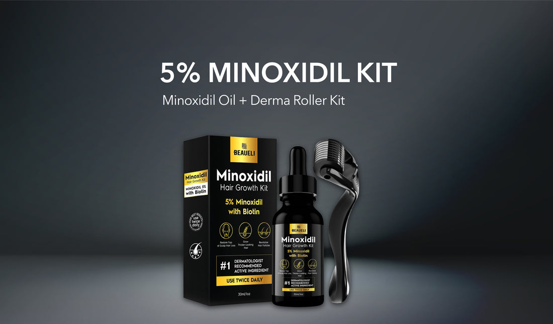 Mobile view of Beaueli 5% Minoxidil Hair Growth Kit including scalp oil and derma roller.